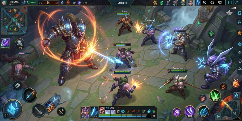 Screenshot gameplay BARU01 yang menunjukkan pertarungan seru di arena MOBA.