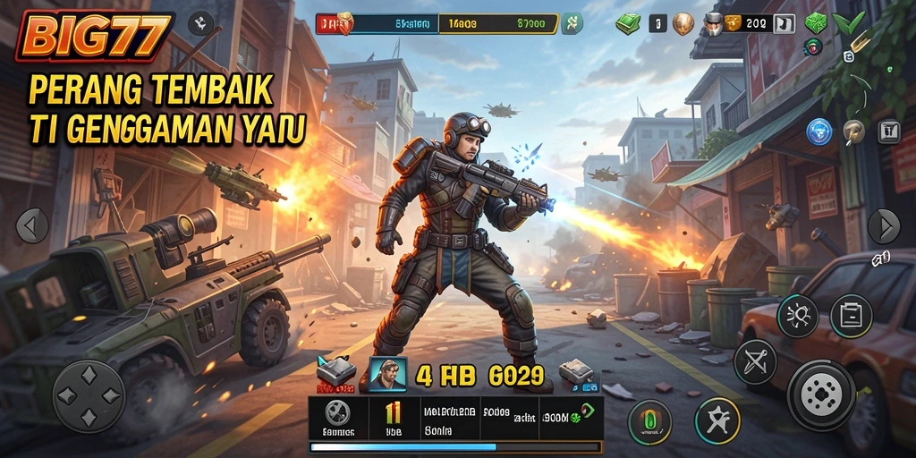 Screenshot menunjukkan aksi tembak-menembak yang mendebarkan dalam BIG77.
