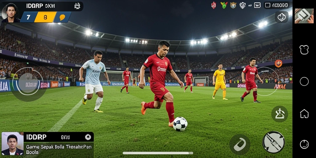 Screenshot utama menunjukkan aksi mendebarkan dalam game sepak bola.