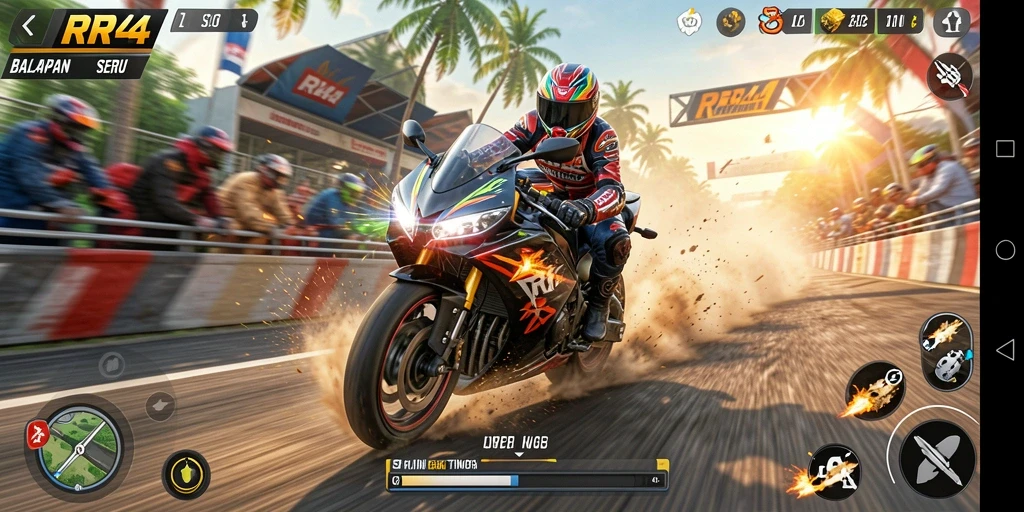 Tampilan gameplay balapan motor yang mendebarkan dan realistis.