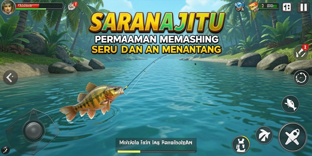 Screenshot utama SARANAJITU menampilkan seorang pemain yang sedang memancing di danau yang indah.